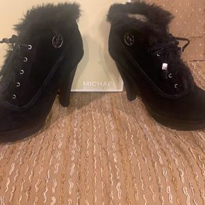 Michael Kors black suede platform booties. Metal MK emblems